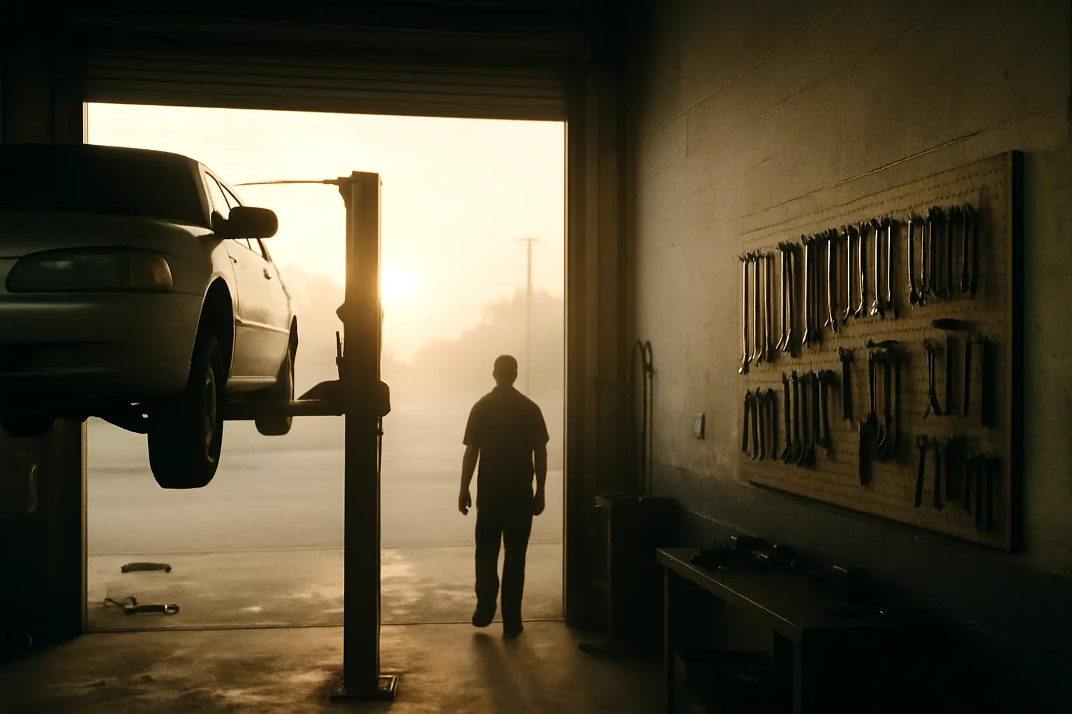 A mechanic’s garage at sunrise, a car on a lift and tools on a pegboard