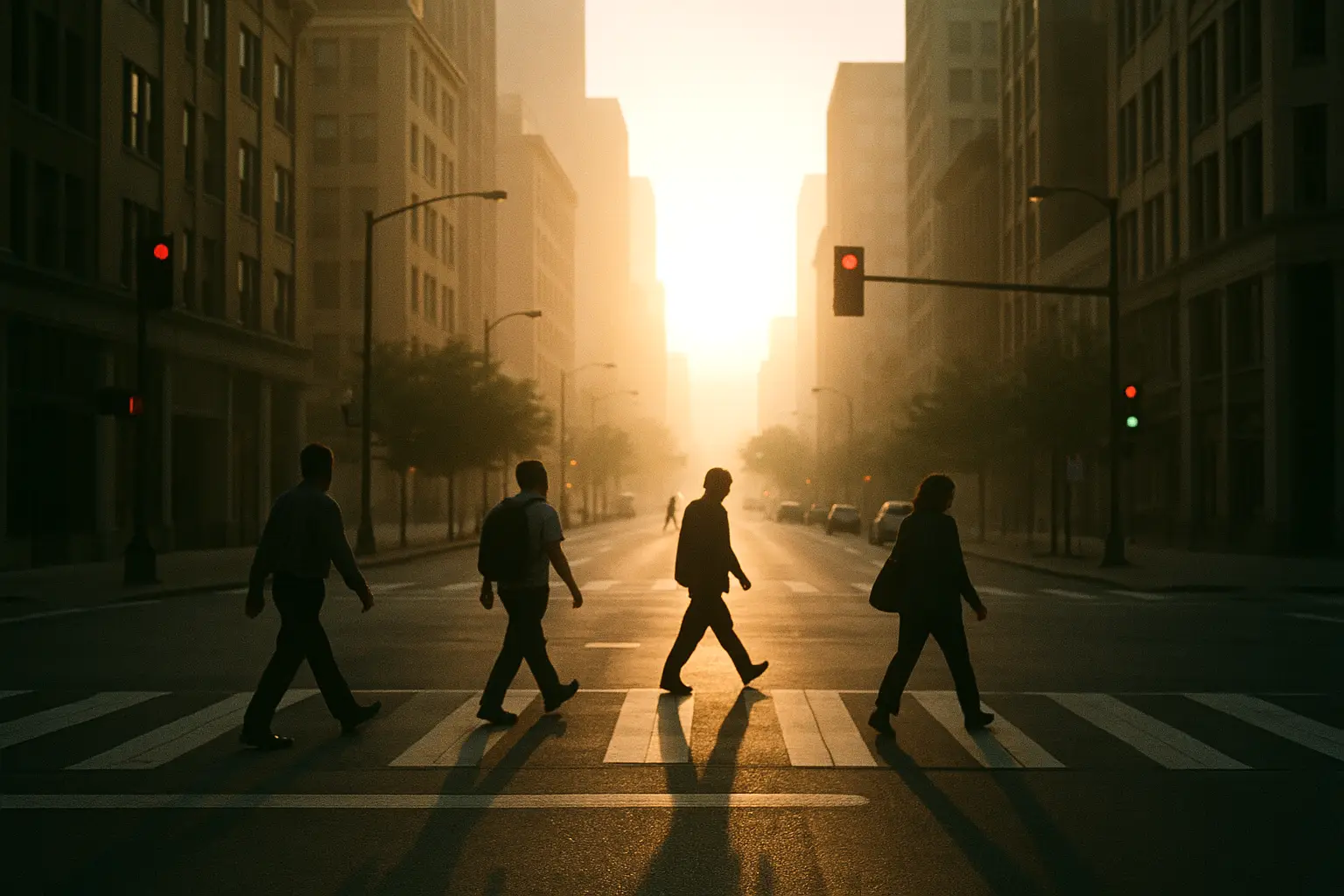 Commuters crossing a city street at sunrise, long shadows in warm haze