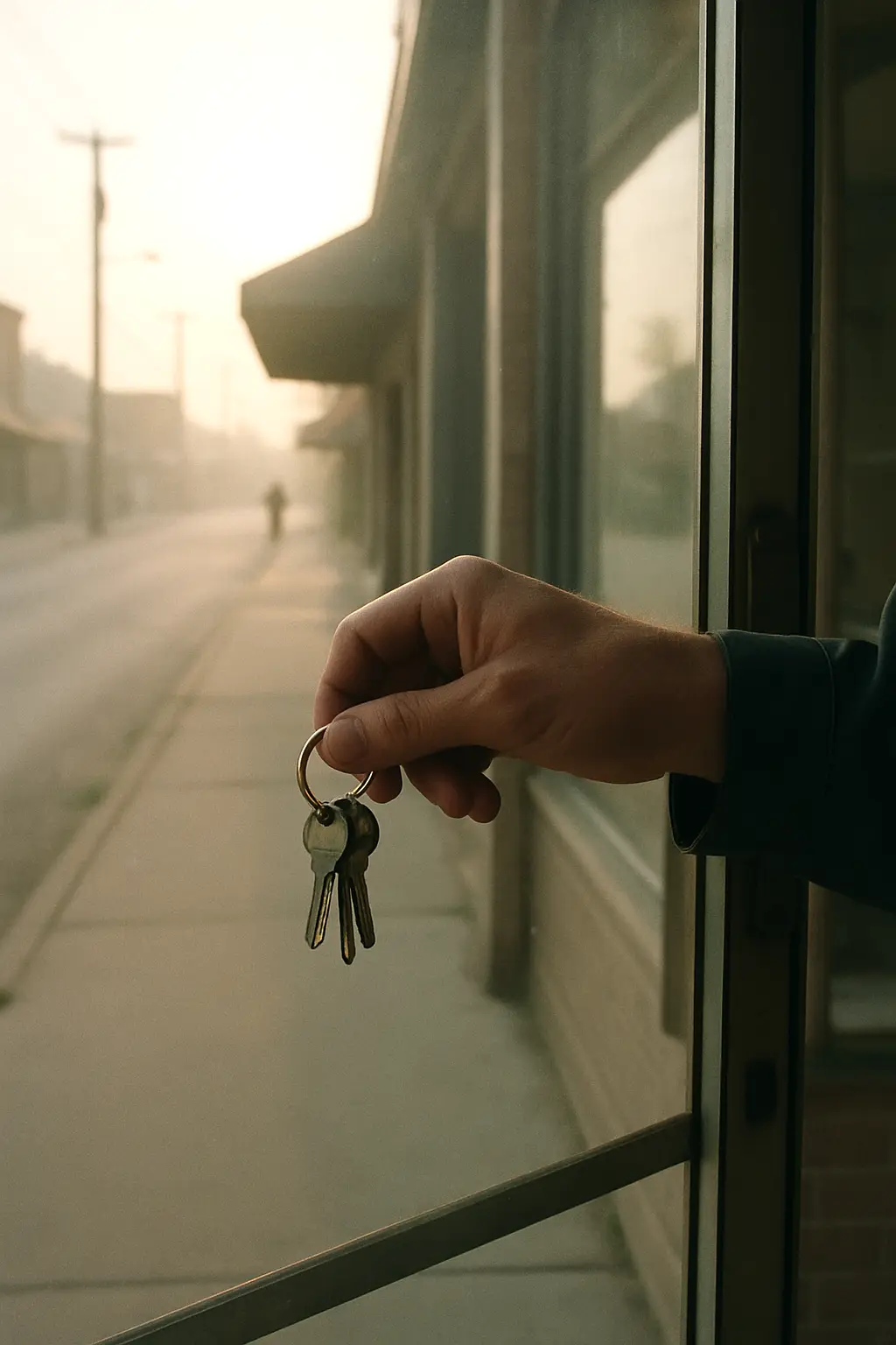 A hand holding a ring of keys at a shop door in early morning