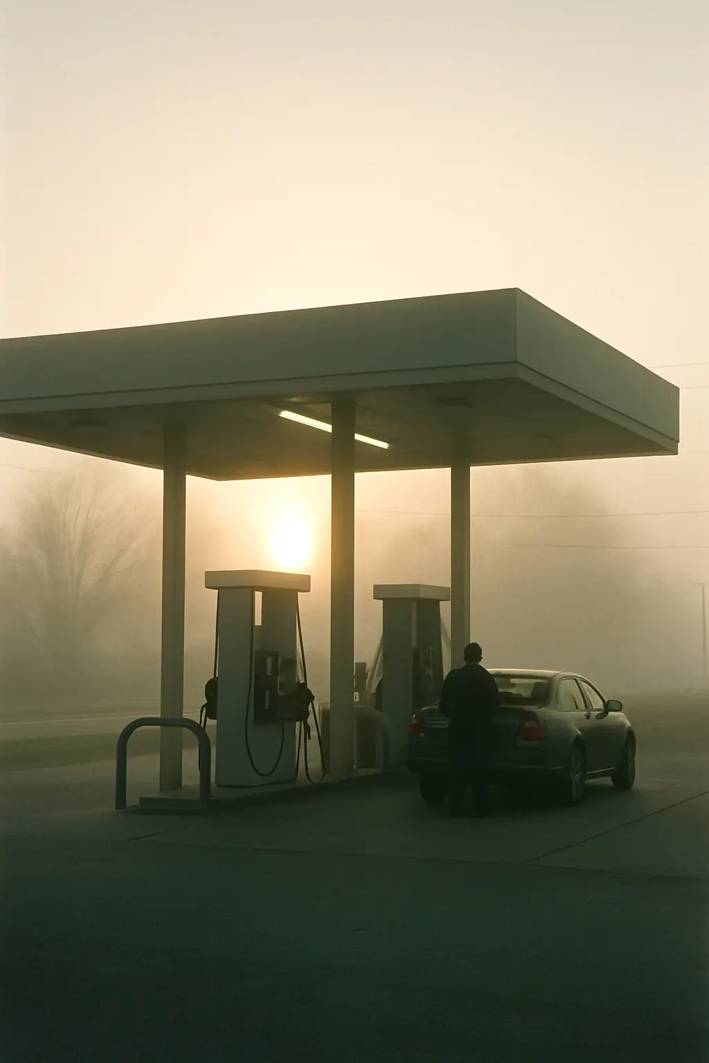 A roadside gas station at dawn, one car at the pump
