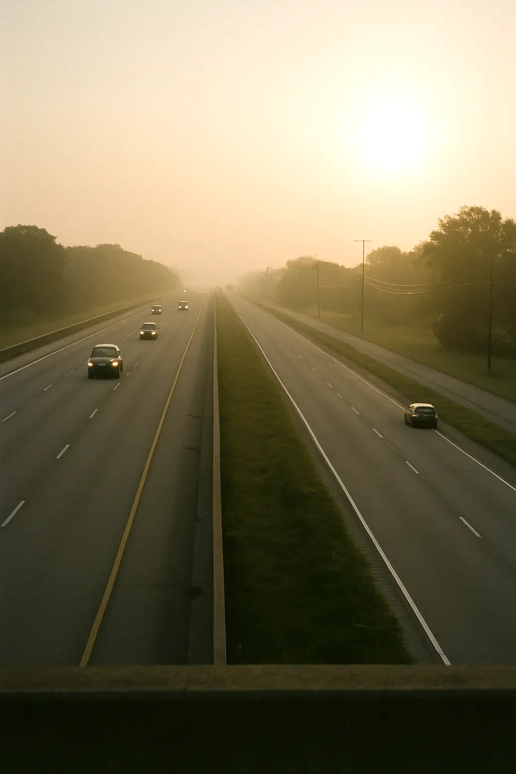 A highway and a parallel road running side by side into a hazy sunrise
