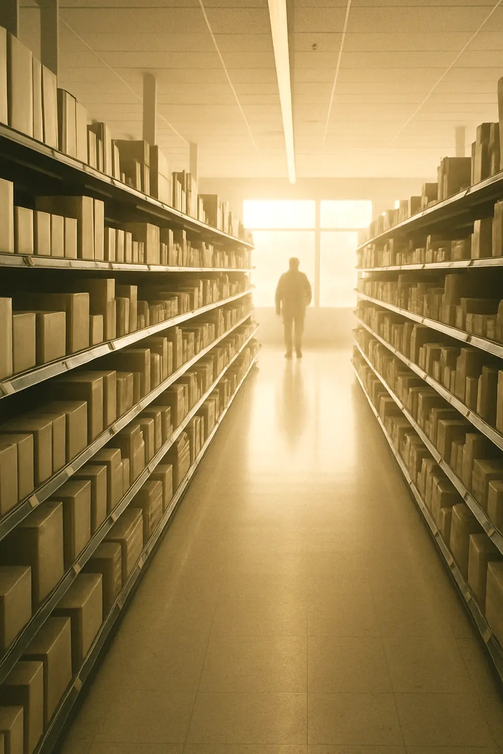 A grocery aisle of plain packages before opening, warm light from the windows