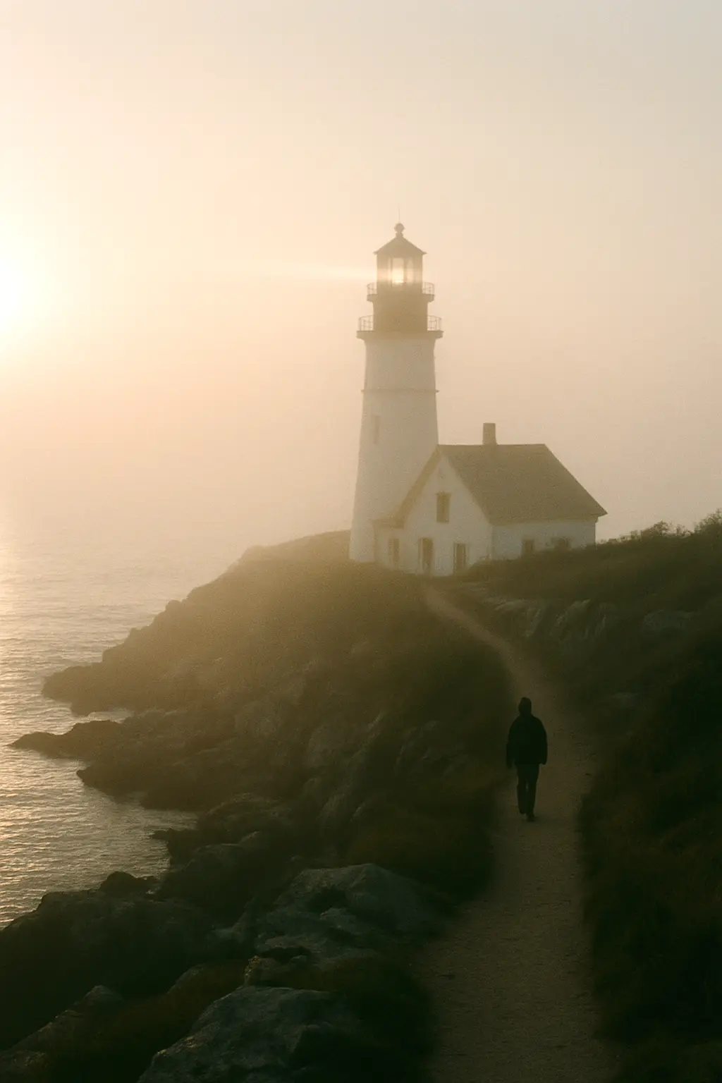 A lighthouse on a rocky point in morning haze