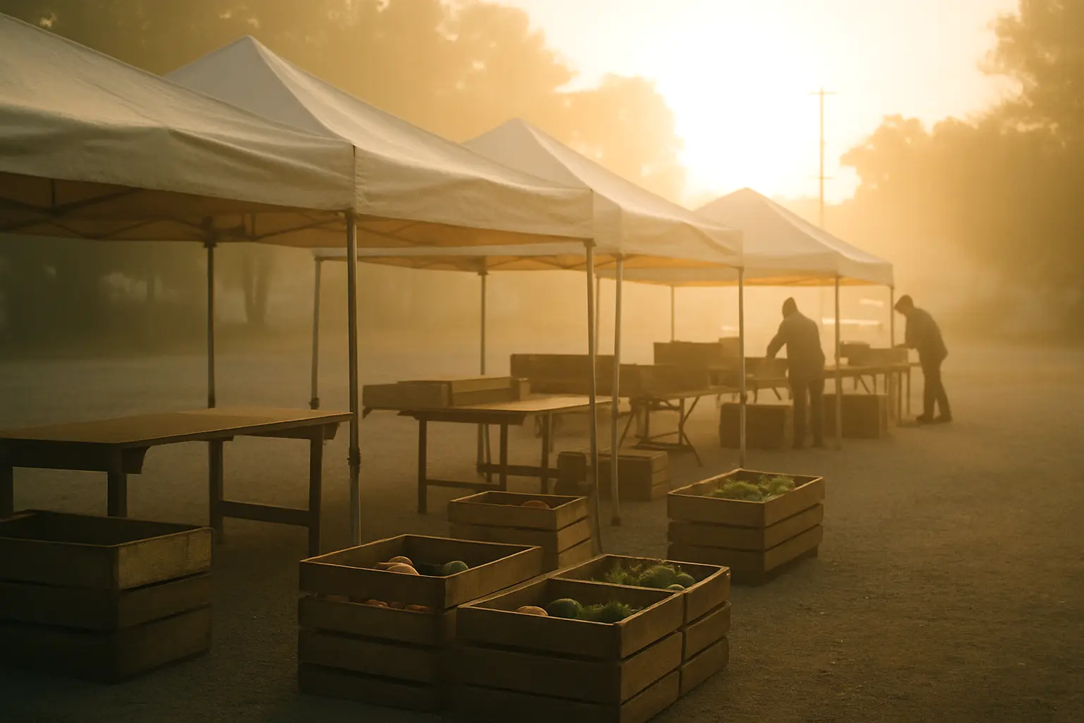 A farmers market setting up at dawn, empty stalls and crates of produce