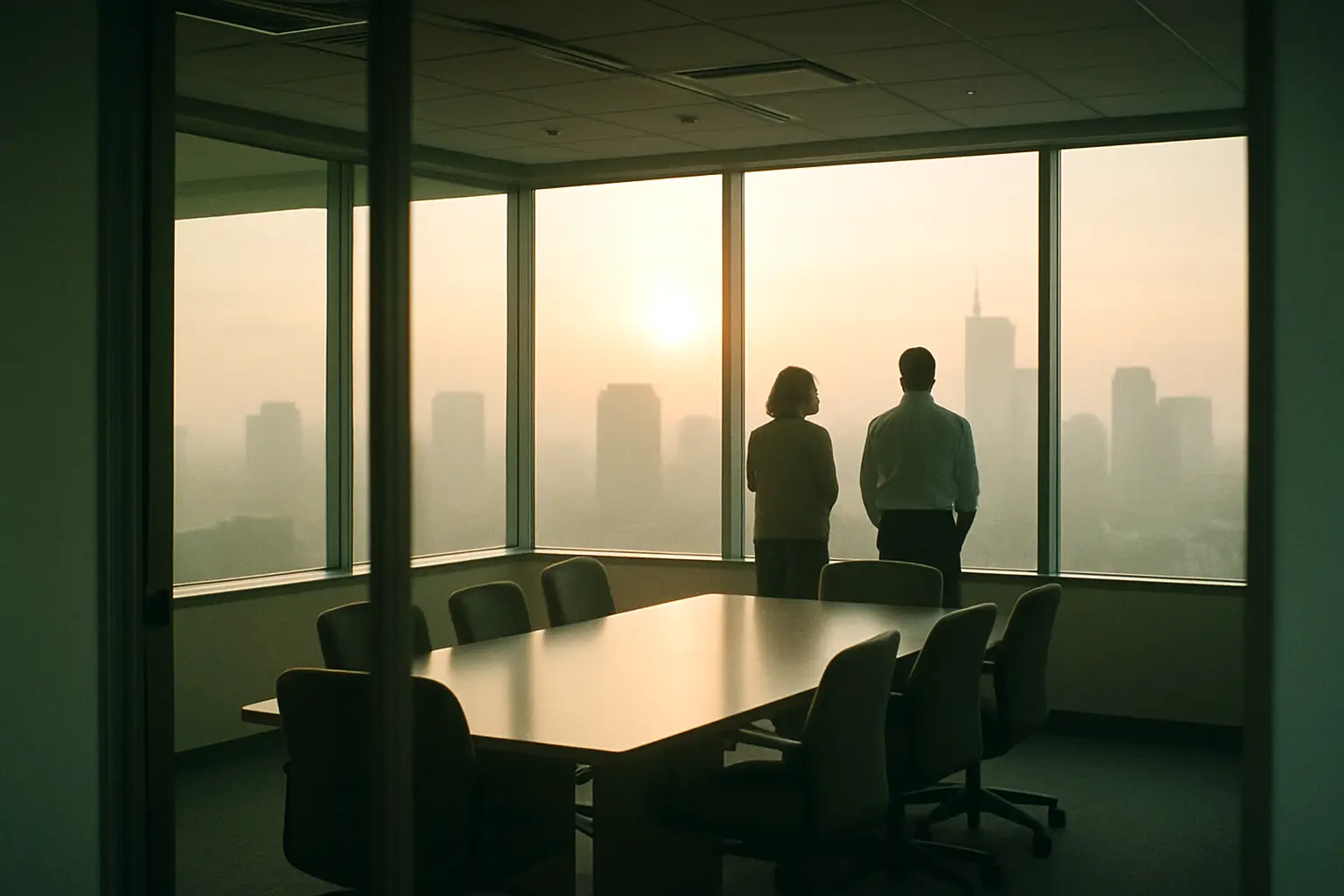 Two people talking by the window of a glass meeting room above a hazy skyline