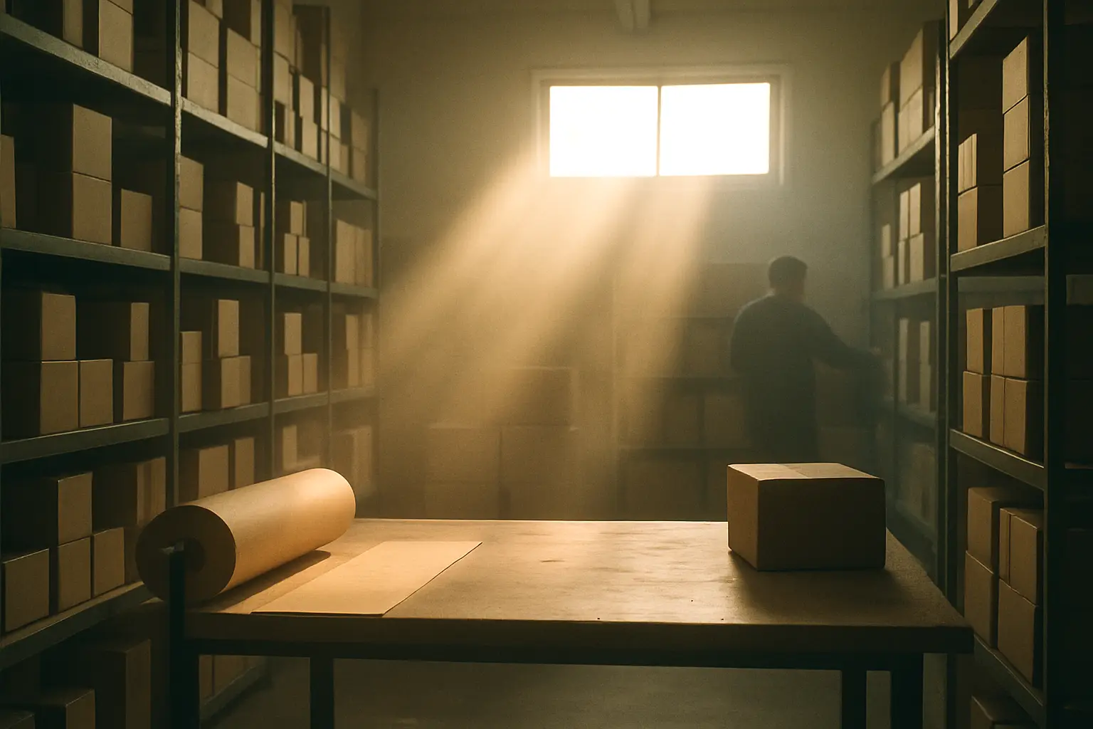 An online store's stockroom with shelves of boxes and a packing table in morning light