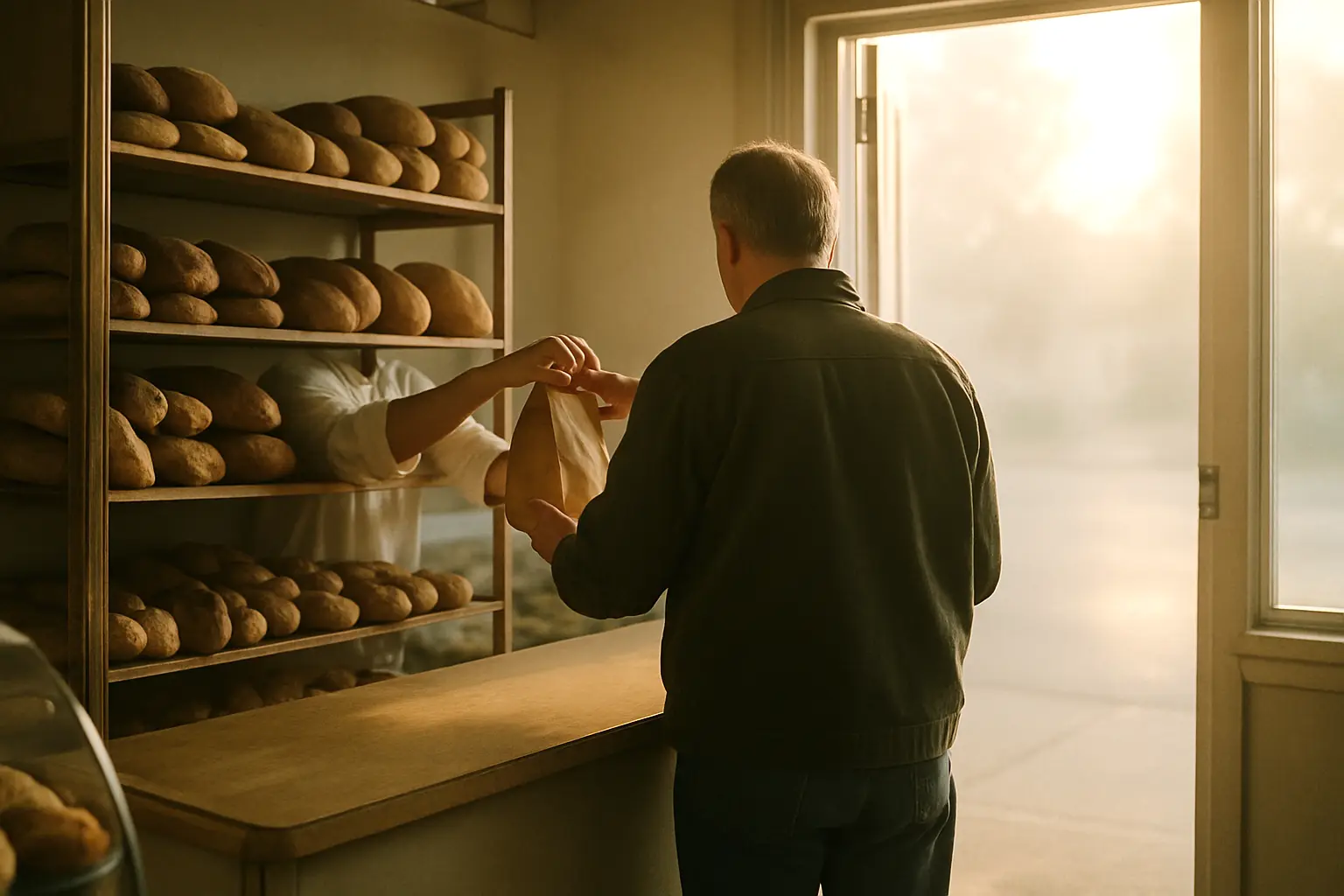 A regular customer collecting a paper bag at a bakery counter at opening time