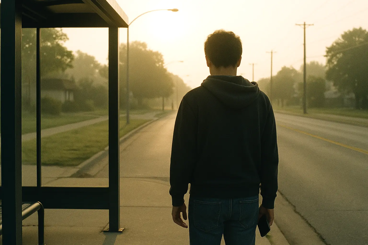 A person waiting at a bus shelter on a quiet avenue in early morning light