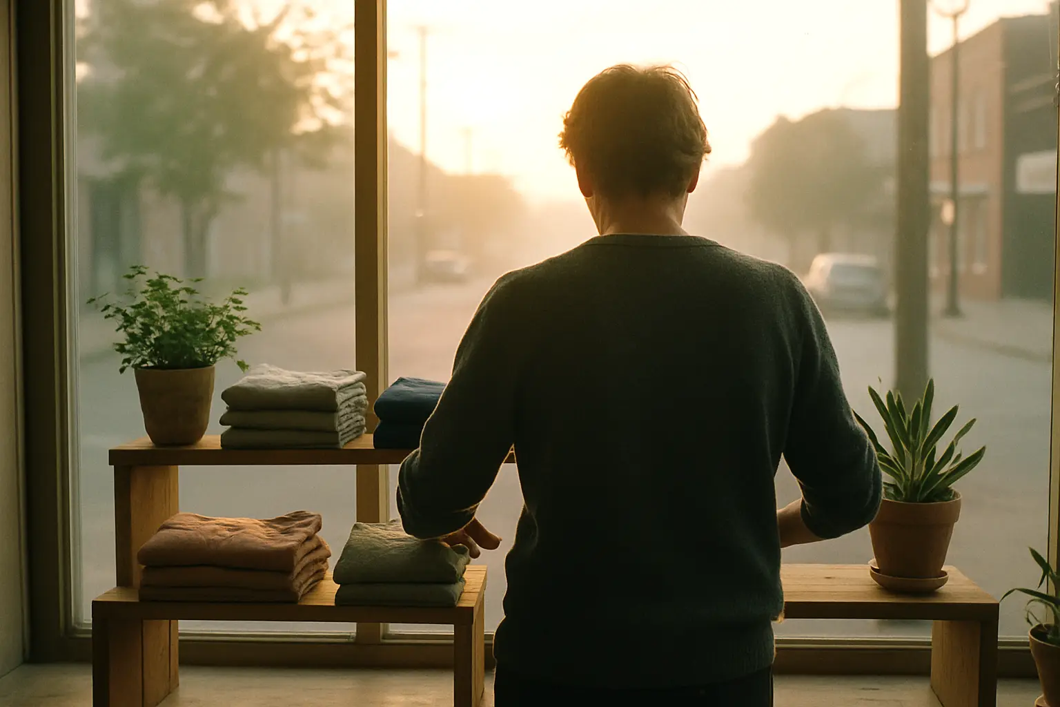 A shop owner arranging a front window display at dawn