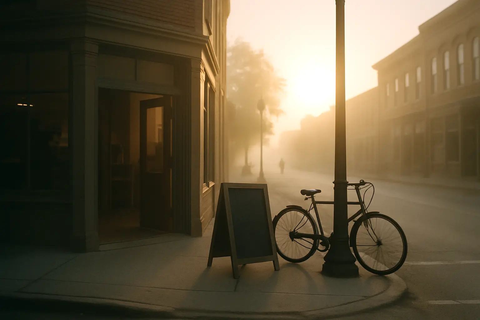 A small-town shop on a street corner at dawn, door open, a bicycle by the lamp post