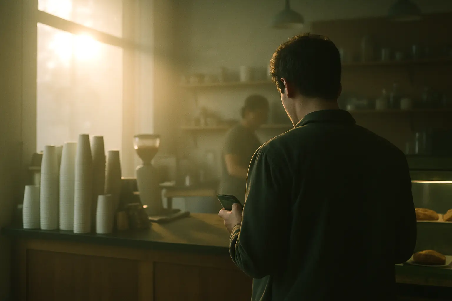 A customer scrolling a phone at a coffee shop counter just after opening
