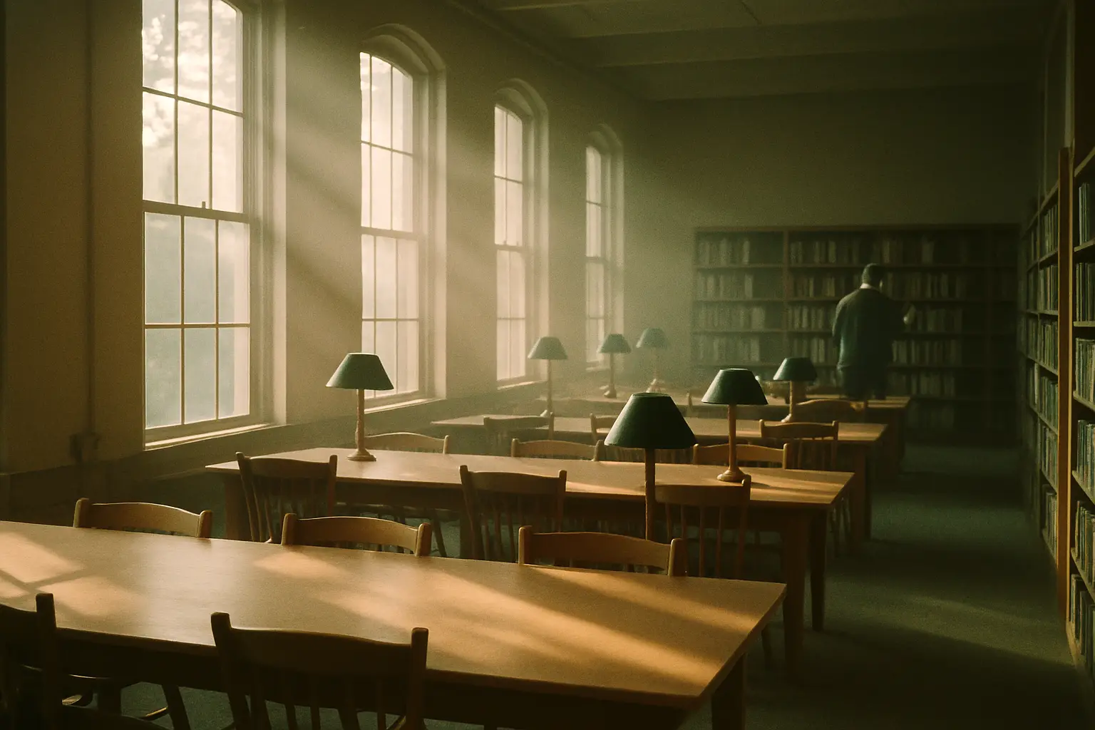 A library reading room with sunbeams through tall windows