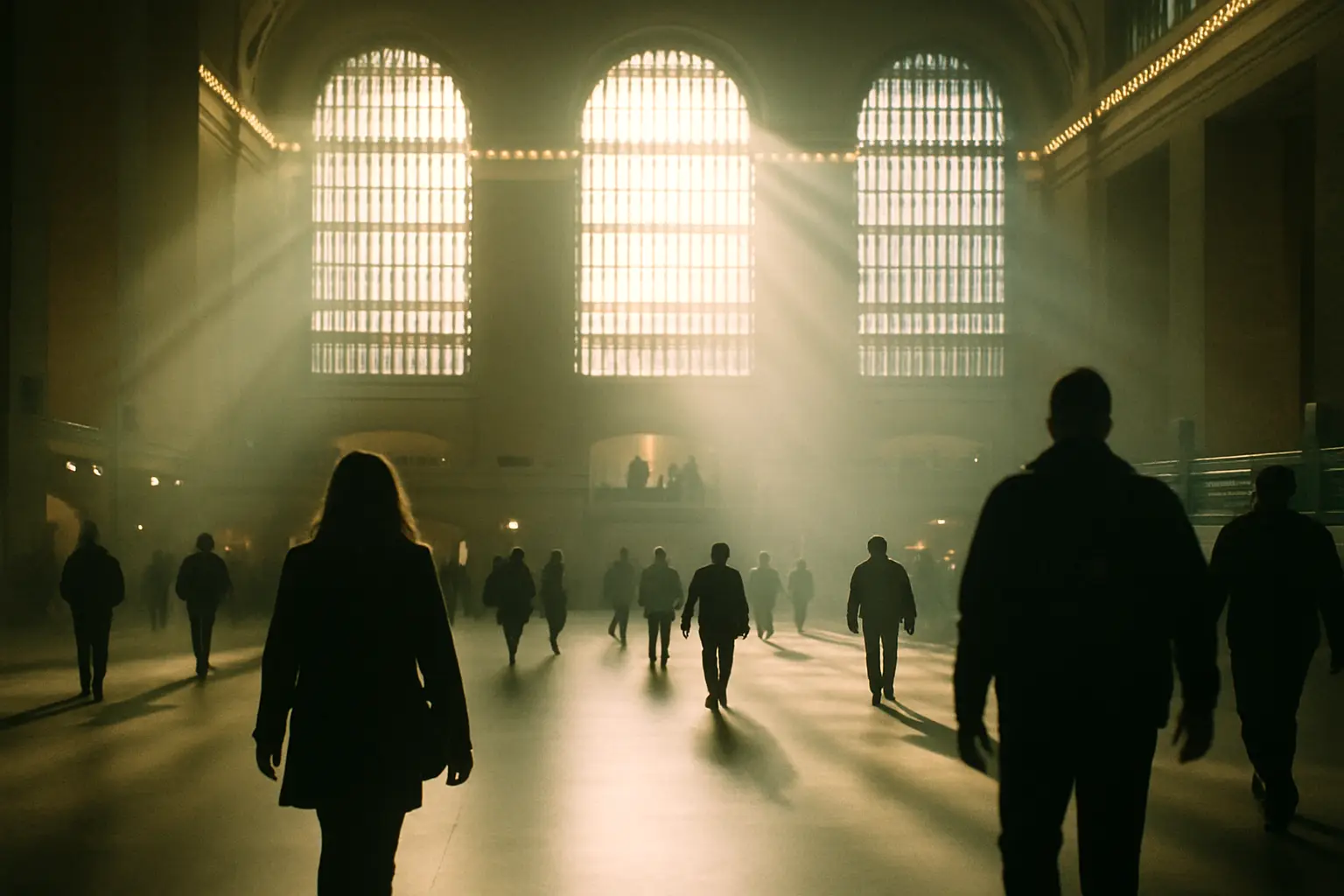 People crossing a train station concourse in slanting morning light